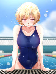 Rule 34 | 1girl, :o, arm support, bare arms, blonde hair, blue sky, blush, breasts, cloud, collarbone, competition swimsuit, covered navel, fence, highres, idolmaster, idolmaster shiny colors, large breasts, looking at viewer, one-piece swimsuit, open mouth, outdoors, pool, poolside, purple eyes, saijo juri, short hair, sky, sleeveless, solo, swimsuit, wet, wet clothes, wet hair, wet swimsuit, yoshimoto (carpsukidayo)