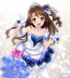 Rule 34 | 10s, 1girl, blurry, breasts, brown eyes, brown hair, chromatic aberration, cleavage, depth of field, double v, frilled skirt, frills, idolmaster, idolmaster cinderella girls, idolmaster cinderella girls starlight stage, long hair, looking at viewer, mizuki makoto, one side up, shimamura uzuki, skirt, smile, solo, tiara, v