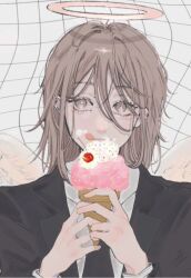 Rule 34 | 1boy, angel, angel devil (chainsaw man), angel wings, black jacket, black necktie, brown eyes, brown hair, chainsaw man, collared shirt, food, food on face, formal, grey background, hair between eyes, halo, highres, holding food, holding ice cream, ice cream, ice cream cone, jacket, long hair, looking to the side, namida a2, necktie, shirt, simple background, solo, suit, suit jacket, tongue, tongue out, white shirt, white wings, wings