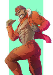 Rule 34 | 1boy, abs, bandana, bare pectorals, brown hair, clenched teeth, creatures (company), dark-skinned male, dark skin, evinist, expedition uniform, facial hair, fur-trimmed jacket, fur trim, game freak, gloves, helmet, highres, jacket, leg up, looking at viewer, male focus, muscular, nintendo, nipples, one eye closed, open clothes, open jacket, orange bandana, orange jacket, orange neckwear, orange pants, pants, pectorals, peony (pokemon), pokemon, pokemon swsh, short hair, smile, solo, teeth, thighs, topless male, two-tone background