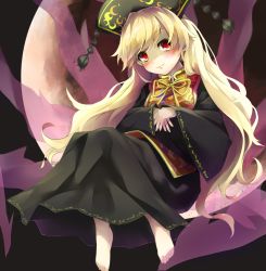 Rule 34 | 1girl, barefoot, blonde hair, crescent moon, dress, hat, junko (touhou), long hair, moon, on crescent, piyodesu, red eyes, sitting on moon, smile, solo, tabard, touhou, wide sleeves