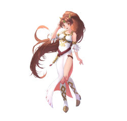 Rule 34 | 1girl, absurdres, alternate costume, bare shoulders, belt, blush, boots, breasts, brown eyes, brown hair, collarbone, commentary request, dress, earrings, fire emblem, fire emblem: new mystery of the emblem, fire emblem heroes, full body, hair ornament, hand up, highres, jewelry, knee boots, linde (fire emblem), long dress, long hair, looking at viewer, nintendo, official art, side slit, simple background, sleeveless, sleeveless dress, smile, solo, very long hair, white dress, white footwear