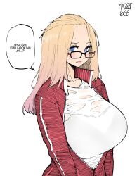 Rule 34 | 1girl, bangs pinned back, blonde hair, blue eyes, blush, bra visible through clothes, breasts, closed mouth, english text, folded hair, glasses, gym shirt, gym uniform, highres, huge breasts, inne sulistya robin, jacket, long hair, norman maggot, original, partially unzipped, shirt, solo, track jacket, upper body, white background, white shirt