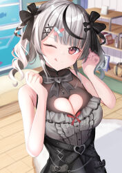 Rule 34 | 1girl, bare shoulders, breasts, cleavage, grey hair, hololive, humime, looking at viewer, multicolored hair, one eye closed, sakamata chloe, short hair, sleeveless, smile, solo, streaked hair