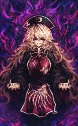 Rule 34 | 1girl, absurdres, angry, animal print, arms up, black dress, black hat, black nails, blonde hair, blood, blood from mouth, bloody tears, bright pupils, clenched teeth, cowboy shot, dress, energy, fingernails, hair between eyes, hat, high collar, highres, joker (stjoker), junko (touhou), long hair, nail polish, pom pom (clothes), red eyes, ribbon, scowl, shaded face, sharp fingernails, sharp teeth, solo, standing, tabard, teeth, touhou, tsurime, very long hair, yellow neckwear, yellow ribbon