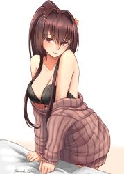 Rule 34 | 1girl, artist name, black bra, bra, breasts, brown eyes, brown hair, brown sweater, cherry blossoms, cleavage, female focus, flower, hair flower, hair ornament, highres, jewelry, kantai collection, large breasts, long hair, long sleeves, matching hair/eyes, official alternate costume, ponytail, rekka yamato, ring, sidelocks, solo, sweater, underwear, very long hair, wedding band, yamato (kancolle)