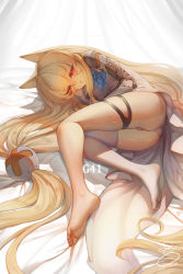 Rule 34 | 1girl, absurdly long hair, animal ears, armor, ass, asymmetrical legwear, bad id, bad pixiv id, barefoot, bed sheet, blonde hair, blue eyes, blush, breasts, character name, dated, dress, feet, g41 (girls&#039; frontline), girls&#039; frontline, gloves, hair between eyes, hair ornament, half-closed eyes, hand on own cheek, hand on own face, heterochromia, highres, long hair, looking at viewer, lying, on side, open clothes, open dress, open mouth, panties, red eyes, short dress, sidelocks, signature, single thighhigh, skindentation, soles, solo, suerte, thigh strap, thighhighs, toes, underwear, uneven legwear, very long hair, white panties, white thighhighs