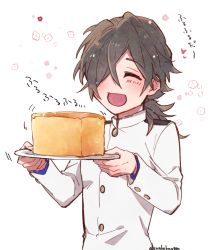 Rule 34 | 1boy, :d, ^ ^, text background, black hair, blue shirt, blush, buttons, cake, castella (food), closed eyes, fate/grand order, fate (series), flower (symbol), food, hair over one eye, holding, holding plate, jacket, low ponytail, male focus, masaki (star8moon), open mouth, plate, sakamoto ryouma (fate), shirt, smile, solo, upper body, white background, white jacket