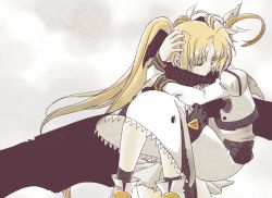 Rule 34 | 00s, 2girls, arm around shoulder, blonde hair, boots, cape, carrying, closed eyes, cropped jacket, crying, dress, fate testarossa, gloves, hand on another&#039;s head, hug, juliet sleeves, kneehighs, long hair, long sleeves, lyrical nanoha, magical girl, mahou shoujo lyrical nanoha, multiple girls, princess carry, puffy sleeves, scarf, socks, takamachi nanoha, twintails, very long hair, weapon