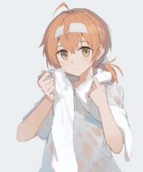 Rule 34 | 10s, 1girl, absurdres, ahoge, brown eyes, brown hair, closed mouth, grey background, grey shirt, hagi (ame hagi), hair between eyes, hands up, headband, highres, holding, holding towel, koito yuu, long hair, looking at viewer, low ponytail, ponytail, see-through, shirt, simple background, sketch, solo, towel, towel around neck, upper body, wet, wet clothes, wet shirt, white headband, yagate kimi ni naru