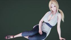 Rule 34 | 1girl, 3d, bare arms, blonde hair, blue pants, breasts, brown eyes, cleavage, facial mark, forehead mark, full body, highres, jewelry, large breasts, long sleeves, looking at viewer, nail polish, naruto (series), necklace, pants, parted bangs, ponytail, red nails, sandals, shirt, sitting, sleeveless, sleeveless shirt, solo, toenail polish, toenails, tsunade (naruto), white shirt
