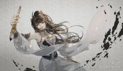 Rule 34 | 1girl, absurdres, brown hair, closed mouth, detached sleeves, dress, hair ornament, hand up, highres, holding, holding brush, ink stain, long hair, ponytail, shanguang wan&#039;er (wangzhe rongyao), smile, solo, squinting, upper body, wangzhe rongyao, white dress, yanzhi bai