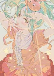 Rule 34 | 1girl, aqua eyes, aqua hair, arms up, bakemonogatari, blush, breasts, commentary request, dress, googly eyes, gradient background, highres, hxxg, layered dress, light rays, looking at viewer, looking to the side, medium breasts, monogatari (series), ononoki yotsugi, open mouth, orange dress, parted bangs, puffy short sleeves, puffy sleeves, short eyebrows, short sleeves, sidelocks, solo, star (symbol), thick eyebrows, turtleneck, v