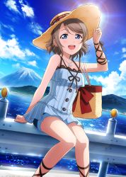 Rule 34 | 10s, 1girl, artist request, bag, bare shoulders, blue eyes, blue sky, blush, brown hair, cloud, collarbone, day, hat, jewelry, looking at viewer, love live!, love live! school idol festival, love live! sunshine!!, mountain, ocean, official art, on railing, open mouth, outdoors, pendant, pinstripe pattern, railing, short hair, shorts, sitting, sky, striped, sunlight, watanabe you, wavy hair