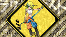 Rule 34 | 1girl, barcode, barcode tattoo, blue pants, boots, brush, commentary, cosmo (bousoup), diamond (shape), diamond plate, full body, gloves, green eyes, green hair, gumi, hard hat, helmet, holding, looking to the side, metal, midriff, orange pants, pants, shirt, short hair, sign, sleeves rolled up, solo, tattoo, two-tone legwear, vocaloid, warning sign, white shirt, yellow headwear