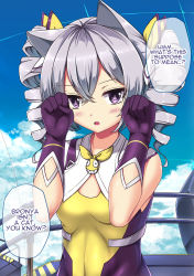 Rule 34 | 1girl, :o, animal ears, blue sky, blush, bow, bowtie, breasts, bronya zaychik, bronya zaychik (yamabuki armor), cat ears, clenched hands, cloud, commentary, day, drill hair, english text, gloves, hair between eyes, hair ribbon, hands up, highres, honkai (series), honkai impact 3rd, kemonomimi mode, looking at viewer, medium hair, outdoors, paw pose, purple eyes, purple gloves, railing, ribbon, sheita, silver hair, skin tight, sky, sleeveless, small breasts, solo, speech bubble, talking, tsurime, twin drills, upper body, white ribbon, yellow bow, yellow bowtie, yellow ribbon