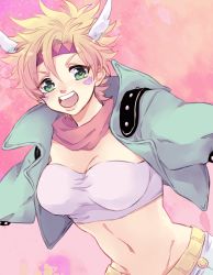Rule 34 | 1girl, :d, bad id, bad pixiv id, blonde hair, body blush, breasts, caesar anthonio zeppeli, crop top, cropped jacket, facial mark, feather hair ornament, feathers, female focus, fingerless gloves, genderswap, genderswap (mtf), gloves, green eyes, green jacket, groin, hair between eyes, hair ornament, headband, jacket, jojo no kimyou na bouken, jukuta tsu, long image, looking at viewer, midriff, navel, open mouth, outstretched arms, pants, scarf, short hair, smile, solo, standing, strapless, tall image, teeth, tube top, upper body