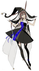 Rule 34 | 1girl, ambience synesthesia, amiya (arknights), animal ears, arknights, black dress, black gloves, black pantyhose, blue eyes, blue nails, blue ribbon, braid, brown hair, collarbone, dress, ears through headwear, extra ears, full body, gloves, gradient background, hair flowing over, hair ribbon, hat, highres, holding, holding clothes, holding hat, jewelry, kaifei (kaifei 29), long hair, multiple rings, official alternate costume, pantyhose, parted lips, ribbon, ring, sidelocks, simple background, single braid, single glove, sleeveless, sleeveless dress, solo, very long hair, white background, witch hat