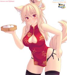 Rule 34 | 1girl, animal ear fluff, animal ears, bare shoulders, black panties, black thighhighs, blonde hair, breasts, cat ears, china dress, chinese clothes, cleavage cutout, clothing cutout, commentary, cowboy shot, dress, english commentary, grin, hair ornament, hairpin, high collar, highres, holding, large breasts, long hair, looking at viewer, nottytiffy, original, panties, patreon username, red eyes, side-tie panties, simple background, sleeveless, sleeveless dress, slit pupils, smile, solo, tail, thick thighs, thighhighs, thighs, tiffy (nottytiffy), underwear, watermark, web address, white background