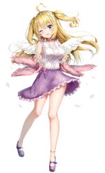 Rule 34 | 1girl, ;d, ahoge, aogiri koukou, bare shoulders, black ribbon, blonde hair, blouse, blue eyes, blue footwear, blush, breasts, center frills, cherry blossom print, collarbone, commentary request, feathered wings, floral print, frilled shirt, frilled skirt, frills, hair between eyes, hair ribbon, head tilt, highres, jacket, kuria (clear trip second), long hair, long sleeves, looking at viewer, medium breasts, minazuki natsuki, mini wings, off shoulder, one eye closed, open clothes, open jacket, open mouth, pinching sleeves, pink jacket, print skirt, purple skirt, ribbon, shirt, shoes, simple background, skirt, sleeveless, sleeveless shirt, sleeves past wrists, smile, solo, standing, standing on one leg, two side up, very long hair, virtual youtuber, white background, white shirt, white wings, wings