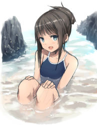 Rule 34 | 1girl, :d, blue eyes, blush, brown hair, collarbone, competition school swimsuit, hair up, hands on own knees, head tilt, okiru, one-piece swimsuit, open mouth, original, partially submerged, school swimsuit, short hair, sitting, sketch, smile, solo, swimsuit, water
