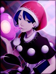 Rule 34 | 1girl, biting, blue eyes, blue hair, book, doremy sweet, dress, gradient background, hat, jhmkhl4d292, looking at viewer, matching hair/eyes, nightcap, pom pom (clothes), short hair, smile, solo, striped, striped background, tail, tapir tail, touhou