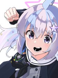Rule 34 | 1girl, absurdres, ahoge, black jacket, black neckerchief, blue archive, blue hair, clenched hand, grey shirt, hair ornament, halo, highres, jacket, long hair, long sleeves, looking at viewer, mr.lazy, multicolored hair, neckerchief, open clothes, open jacket, open mouth, pink hair, purple eyes, raised eyebrows, reisa (blue archive), sailor collar, shirt, smile, solo, star (symbol), star hair ornament, two-tone hair, upper body