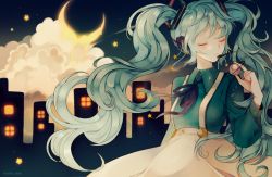 Rule 34 | 1girl, artist name, behind-the-head headphones, blue hair, blush, closed eyes, cloud, collared shirt, crescent moon, expressionless, hair ornament, hatsune miku, headphones, headset, holding, holding planet, hoshi-pan, long hair, long sleeves, moon, neck ribbon, night, night sky, planet, ribbon, saturn (planet), shirt, shirt tucked in, skirt, sky, skyline, solo, suspender skirt, suspenders, twintails, very long hair, vocaloid