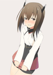 Rule 34 | 1girl, bike shorts, blush, brown eyes, brown hair, clenched teeth, cowboy shot, dutch angle, embarrassed, female focus, flat chest, grey background, have to pee, headgear, kantai collection, long sleeves, matching hair/eyes, minamimachi naname, miniskirt, nose blush, pleated skirt, red skirt, shirt, short hair, simple background, skirt, solo, standing, taihou (kancolle), teeth, white shirt