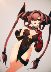Rule 34 | 1girl, antenna hair, azur lane, black dress, black hairband, black ribbon, braid, breasts, chinese clothes, dress, eyes visible through hair, grey background, hair on horn, hair over one eye, hair ribbon, hairband, hand on own hip, hand up, highres, large horns, macrofancy, official alternate costume, open mouth, pelvic curtain, pink hair, pouch, prinz rupprecht (azur lane), prinz rupprecht (the gate dragon advent) (azur lane), purple eyes, ribbon, simple background, small breasts, solo, thigh pouch, twin braids