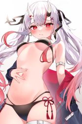 Rule 34 | 1girl, absurdres, arm strap, bare shoulders, bikini, black bikini, black jacket, black ribbon, blush, breasts, closed mouth, hair between eyes, hair ornament, hair ribbon, highres, hololive, horns, jacket, long hair, long sleeves, looking at viewer, nakiri ayame, navel, off shoulder, open clothes, open jacket, red eyes, red hair, rei (rei 9146), ribbon, side-tie bikini bottom, simple background, skin-covered horns, small breasts, solo, spread navel, stomach, string bikini, swimsuit, tassel, thigh strap, twintails, very long hair, virtual youtuber, white background, white hair, x hair ornament