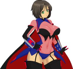 Rule 34 | 1girl, ahoge, aliasing, armor, black hair, black thighhighs, bodysuit, boots, breasts, brown hair, cape, cosplay, covered navel, cowboy shot, garter straps, gauntlets, hand on own hip, honchan, large breasts, maria cadenzavna eve, maria cadenzavna eve (cosplay), nchallenge, nchans, pixel art, power armor, see-through, senki zesshou symphogear, short hair, simple background, solo, standing, thigh boots, thighhighs, warner, white background
