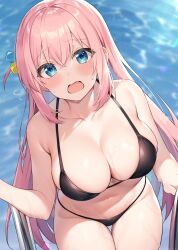 Rule 34 | 1girl, absurdres, aqua eyes, armpit crease, bare arms, bikini, black bikini, blush, bocchi the rock!, breasts, cleavage, collarbone, commentary request, flying sweatdrops, from above, gotoh hitori, hair between eyes, haru (re ilust), highres, large breasts, long hair, looking at viewer, navel, nervous, one side up, open mouth, pink hair, pool, pool ladder, solo, stomach, sweat, swimsuit, thighs, water