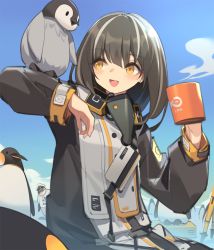 Rule 34 | 1girl, :d, animal, animal on arm, arknights, bird, black hair, black jacket, blue sky, blush, brown eyes, cloud, commentary request, cup, day, hat, holding, holding cup, jacket, kildir, long sleeves, magallan (arknights), mug, multicolored hair, open mouth, outdoors, penguin, shirt, short sleeves, sitting, sky, smile, streaked hair, sunglasses, white hair, white headwear, white shirt
