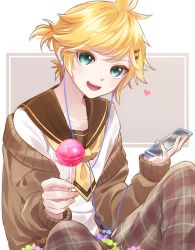 Rule 34 | 1boy, aqua eyes, black collar, blonde hair, cable, candy, cellphone, collar, commentary, earphones, food, giving, hair ornament, hairclip, heart, highres, holding, holding candy, holding food, holding lollipop, holding phone, kagamine len, lollipop, looking at viewer, male focus, nail polish, necktie, open mouth, pants, phone, plaid, plaid pants, sailor collar, school uniform, shirt, short ponytail, sitting, smartphone, smile, soramame pikuto, spiked hair, vocaloid, white shirt, yellow nails, yellow neckwear