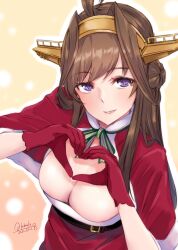 Rule 34 | 1girl, ahoge, alakoala, breasts, brown hair, capelet, cleavage, double bun, dress, from above, fur-trimmed capelet, fur-trimmed dress, fur trim, gloves, hair bun, hairband, headgear, heart, heart hands, highres, kantai collection, kongou (kancolle), large breasts, long hair, looking at viewer, purple eyes, red capelet, red dress, red gloves, sleeveless, sleeveless dress, solo