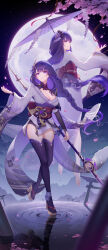 Rule 34 | 2girls, absurdres, barefoot, black thighhighs, breasts, cherry blossoms, cleavage, commentary request, engulfing lightning (genshin impact), full moon, genshin impact, hair ornament, high heels, highres, holding, holding polearm, holding weapon, japanese clothes, kimono, large breasts, lightria, long hair, long sleeves, makoto (genshin impact), moon, multiple girls, naginata, obi, oil-paper umbrella, parted lips, polearm, purple eyes, purple hair, purple kimono, purple umbrella, raiden shogun, red sash, ripples, sandals, sash, siblings, sisters, thighhighs, thighs, torii, umbrella, very long hair, weapon, wide sleeves