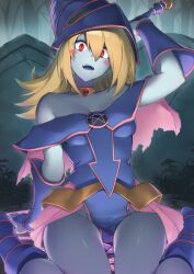 Rule 34 | 1girl, blank eyes, blonde hair, blue footwear, blue hat, blush stickers, breasts, cleavage, colored skin, commentary request, dark magician girl, duel monster, grey skin, hat, hexagram, highres, long hair, looking at viewer, medium breasts, pentacle, pentagram, pinta (ayashii bochi), red eyes, solo, staff, undead, wand, wizard hat, yu-gi-oh!, yu-gi-oh! duel monsters, zombie, zombification