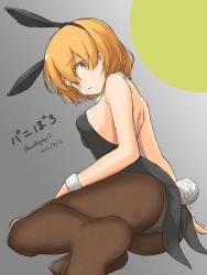Rule 34 | 1girl, alternate costume, animal ears, ass, bandaid, bandaid on face, bare shoulders, black leotard, black pantyhose, blush, bow, bowtie, breasts, brown hair, bunny day, closed mouth, dated, detached collar, fake animal ears, fake tail, gradient background, grey background, highres, kantai collection, leotard, lips, looking at viewer, looking back, oboro (kancolle), orange hair, pantyhose, playboy bunny, rabbit ears, rabbit tail, short hair, sitting, small breasts, solo, strapless, strapless leotard, tail, tailcoat, twitter username, umibudou, wrist cuffs