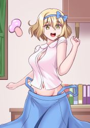 Rule 34 | absurdres, alice margatroid, alice margatroid (pc-98), blonde hair, blue bow, blue hairband, blue skirt, book, bow, breast expansion, breasts, buttons, cleavage, growth, hair bow, hairband, highres, midriff peek, mushroom, navel, shirt, short hair, short sleeves, skirt, touhou, white shirt, xanadu avici, yellow eyes, aged down