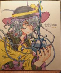 Rule 34 | 1girl, artist name, black hat, blouse, buttons, commentary, crying, crying with eyes open, dated, diamond button, eyebrows hidden by hair, fingernails, frilled shirt collar, frilled sleeves, frills, green eyes, green hair, hair over one eye, hand up, hat, hat ribbon, highres, komeiji koishi, liquid, long sleeves, looking at viewer, marker (medium), medium hair, one eye covered, open hand, parted lips, photo (medium), ribbon, shirt, solo, tabun (osoracu), tears, third eye, touhou, traditional media, translated, upper body, wavy hair, wide sleeves, yellow ribbon, yellow shirt