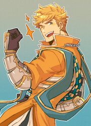 Rule 34 | 1boy, black gloves, black pants, blonde hair, clenched hands, gloves, gradient background, granblue fantasy, highres, looking at viewer, male focus, one eye closed, oneirio, open mouth, orange shirt, pants, shirt, short hair, simple background, smile, solo, twitter username, vane (granblue fantasy)