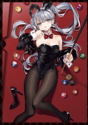 Rule 34 | 1girl, animal ears, armpits, ball, bare shoulders, billiard ball, billiards, black footwear, black hairband, black leotard, blue eyes, bow, bowtie, breasts, brown pantyhose, closed mouth, covered navel, cue stick, cup, detached collar, detached sleeves, drinking glass, fake animal ears, finger to mouth, grey hair, hair spread out, hairband, hand up, high heels, highleg, highleg leotard, highres, holding, latex, legs, leotard, light smile, long hair, long sleeves, looking at viewer, lying, mikanoisi, mole, mole on breast, mole under eye, on back, on table, original, pantyhose, patent heels, playboy bunny, ponytail, pool table, pumps, rabbit ears, shoes, small breasts, solo, stiletto heels, strapless, strapless leotard, table, thighs, tongue, tongue out, unworn shoe, unworn shoes, very long hair, wine glass, wrist cuffs