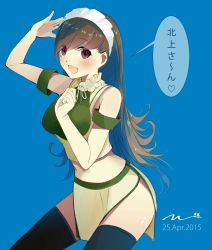 Rule 34 | 10s, 1girl, :d, adapted costume, bad id, bad pixiv id, bare shoulders, black thighhighs, blue background, brown eyes, brown hair, commentary request, dated, detached sleeves, eyes visible through hair, green skirt, heart, highres, kantai collection, long hair, looking at viewer, maid headdress, midriff, ooi (kancolle), open mouth, salute, school uniform, serafuku, side slit, simple background, skirt, skirt set, smile, solo, standing, tebi (tbd11), thighhighs, translated