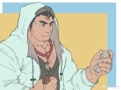 Rule 34 | 1boy, bara, bead necklace, beads, chest hair, chinese commentary, cross scar, dark-skinned male, dark skin, facial hair, goatee, highres, holding, holding toy, hood, hood up, houzouin oniwaka, jacket, japanese clothes, jewelry, kimono, large pectorals, long sideburns, male focus, mature male, me-me (mouact2), muscular, muscular male, necklace, open clothes, open jacket, pectoral cleavage, pectorals, scar, scar on face, scar on forehead, short hair, sideburns, solo, stubble, stuffed animal, stuffed toy, sweatdrop, teddy bear, thick eyebrows, tokyo houkago summoners, toy, unzipped, upper body