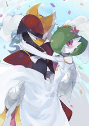 Rule 34 | 1boy, 1girl, armor, arms up, bare shoulders, bisharp, black eyes, black skin, blade, blue ribbon, blue sky, blurry, blurry background, blush, bob cut, bouquet, bow, bowtie, bridal veil, bride, carrying, chikichi, closed mouth, clothed pokemon, cloud, colored skin, confetti, creatures (company), day, dress, flat chest, flower, game freak, gardevoir, gen 3 pokemon, gen 5 pokemon, green hair, hair flower, hair ornament, hair over one eye, hands up, happy, helmet, highres, looking at another, looking back, multicolored skin, nintendo, off shoulder, outdoors, outstretched arms, petals, pink eyes, pink flower, pokemon, pokemon (creature), princess carry, ribbon, short hair, shoulder armor, sideways mouth, sky, smile, standing, two-tone skin, veil, wedding, wedding dress, white dress, white flower, white neckwear, white skin, yellow skin