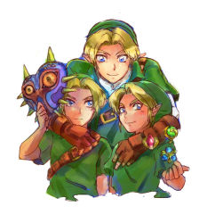Rule 34 | 3boys, blonde hair, blue eyes, earrings, gloves, hat, hug, jewelry, link, male focus, mask, multiple boys, multiple persona, nikayu, nintendo, pointy ears, smile, the legend of zelda, the legend of zelda: majora&#039;s mask, the legend of zelda: ocarina of time, time paradox, young link, aged down