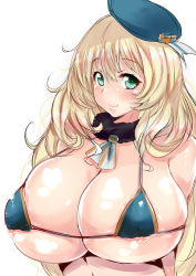 Rule 34 | 10s, 1girl, absurdres, areola slip, atago (kancolle), beret, bikini, blonde hair, breasts, green eyes, hat, highres, huge breasts, kantai collection, looking at viewer, micro bikini, sankakusui, simple background, smile, solo, swimsuit, white background