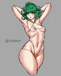 Rule 34 | 1girl, :o, @ (symbol), absurdres, alternate breast size, armpits, arms up, bikini, cooterzi, curvy, green eyes, green hair, grey background, growth, highres, looking at viewer, one-punch man, short hair, sketch, swimsuit, tatsumaki, thighs, thong bikini, wide hips