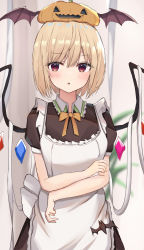Rule 34 | 1girl, :o, absurdres, alternate costume, alternate hairstyle, aohane, apron, arm under breasts, black dress, blonde hair, blurry, blurry background, blush, bow, bowtie, commentary request, cowboy shot, crystal, dress, enmaided, flandre scarlet, frilled shirt collar, frills, hat, highres, indoors, looking at viewer, maid, orange bow, orange bowtie, parted lips, plant, puffy short sleeves, puffy sleeves, red eyes, short hair, short sleeves, solo, touhou, white apron, wing collar, wings